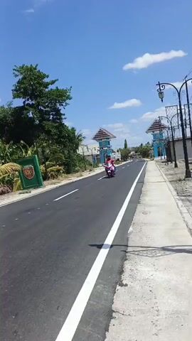 A person rides a pink and blue scooter down a paved road. The person is wearing a red jacket. The road has a white line down the center and a white line along the right edge. There are two blue gates with red roofs on either side of the road in the distance. The sky is blue with some white clouds. There are trees and buildings in the background.