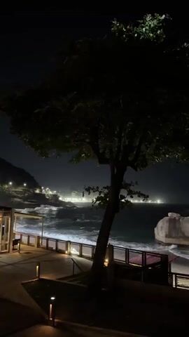 The video displays a nighttime coastal scene. A dark, leafy tree is silhouetted in the foreground on the left. To the right, a path with low ground lights and a railing overlooks the ocean. Waves crash against the shore and a large, light-colored rock partially submerged in the water. As the camera pans right, a tall palm tree becomes visible, also in silhouette. In the distance, numerous lights from a town or city illuminate the horizon, and a bright moon is visible in the dark sky. The sound of ocean waves is audible throughout the clip.