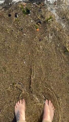 The video opens with a close-up shot of feet partially submerged in shallow water. The sand beneath the water is visible, with small pebbles and some green algae. The wave recedes, revealing more of the sandy shore. The camera then pans slightly upwards and to the left, showing more of the water and the sandy bottom. The scene then shifts to a wider view of a body of water with several boats docked at a wooden pier. The water is clear, and the bottom is visible in some areas. The pier is weathered and appears to be in disrepair in some sections. In the background, a large bridge can be seen spanning across the water, and the skyline of a city is visible in the distance under a clear blue sky. The sun is shining, casting reflections on the water's surface.