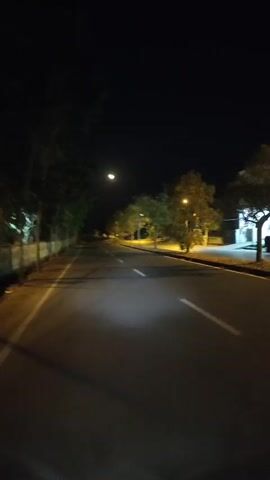 A person rides a motorcycle down a dark, paved road at night. The motorcycle's headlight illuminates the road ahead. Trees line the left side of the road, and streetlights are visible in the distance. The moon is visible in the dark sky.