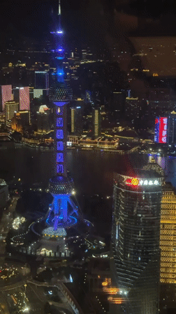 Pudong skyline at night, Oriental Pearl Tower glowing
