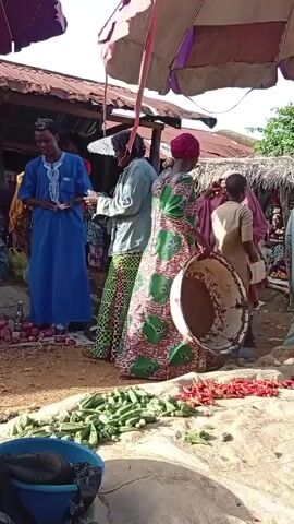 This video appears to capture a bustling outdoor market scene, likely in Wamba, Nigeria. The ground is dusty, suggesting dry weather, and the bright sunlight indicates it's daytime, perhaps late morning or early afternoon. Several individuals, predominantly women dressed in colorful traditional attire, are the main subjects. They are seen interacting, some carrying baskets, and others seemingly engaged in transactions. The market stalls are made of rustic materials, with corrugated metal roofs and thatched coverings, typical of local marketplaces in the region.

In the foreground, a generous display of fresh produce, including okra and what appear to be red chili peppers, is laid out on a cloth, ready for sale. In the background, more market stalls and people are visible, creating a lively and crowded atmosphere. The overall impression is one of a vibrant community gathering focused on commerce and daily life. There are no visible signs with text in the video. The interactions suggest a typical market day, filled with the activity of buying and selling goods.