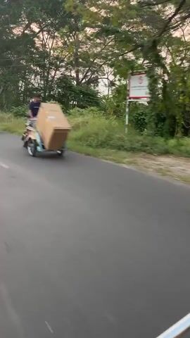 The media file shows a person riding a scooter on a paved road, carrying a large cardboard box secured to the back. The scooter is light blue and yellow. The person is wearing a dark shirt and appears to be moving. The scene is outdoors, with a grassy area and trees lining the road. The trees are lush and green, suggesting a warm climate. In the background, there is a white sign with some text on it, though it is not legible. The lighting suggests it is daytime, possibly late afternoon or early morning due to the soft light and long shadows. The overall impression is a rural or suburban setting in a tropical or subtropical region. The activity is transportation of goods, likely for delivery or personal use. The weather appears to be clear and pleasant. The location context of Besuki, Indonesia, aligns with the visual cues of lush vegetation and the style of the scooter.