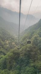 Cable cars navigate misty morning conditions in Wulingyuan valley