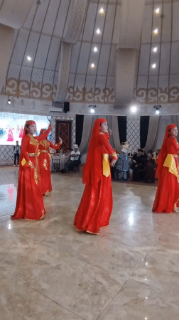 Traditional Kyrgyz bride send-off ceremony with dancers and décor