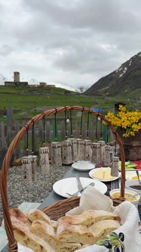 Mountain breakfast captured in remote Georgian village of Ushguli