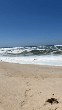Empty beach in Torreira under clear skies, Atlantic waves rolling in