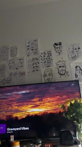 Hand-drawn sketches displayed as wall art in Belgrade home