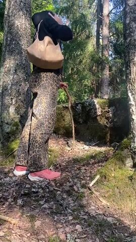A person, viewed from behind, steps up onto a mossy mound in a sun-dappled forest. They are dressed in a black hooded sweatshirt, distinctive leopard print trousers, and pink and white sneakers. A light beige shoulder bag is worn across their body. The person holds a white smartphone in their right hand, directed towards the ground as they navigate the uneven terrain. The forest floor is covered with scattered leaves, pine needles, and patches of moss. Tall trees, including identifiable birch trees with their white bark and conifers, form the backdrop, illuminated by natural daylight. The scene suggests a pleasant daytime outdoor activity in a natural, wooded environment.