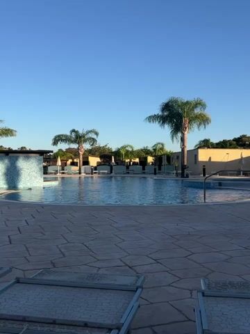 The video shows a resort swimming pool with lounge chairs and palm trees. The sky is clear and blue. The water in the pool is calm and still. The sun is shining, casting shadows on the patio. A tiled wall with a fountain is visible on the left side of the pool.