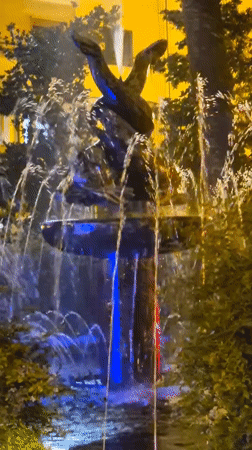 Taranto at night: fountain, lit streets, and a bold fabric canopy