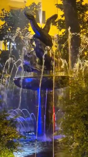 Taranto at night: fountain, lit streets, and a bold fabric canopy