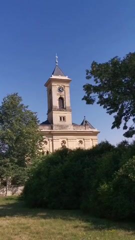 A vertical shot captures a beige church with a tall clock tower against a clear blue sky. Dense green trees and bushes partially obscure the lower portion of the building. The clock on the tower shows the time as approximately 9:55. The sun casts shadows, indicating it is daytime. The scene appears to be outdoors, possibly in a park or garden area, with dry grass visible in the foreground. The camera appears to be stationary.