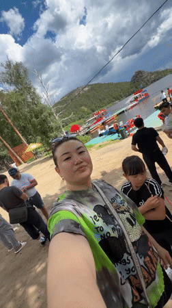 Tourist boat excursion captures selfies on Burabay lake, Kazakhstan