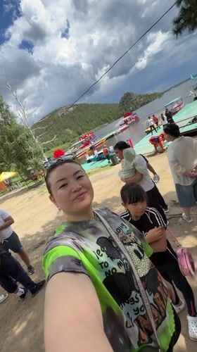 Tourist boat excursion captures selfies on Burabay lake, Kazakhstan