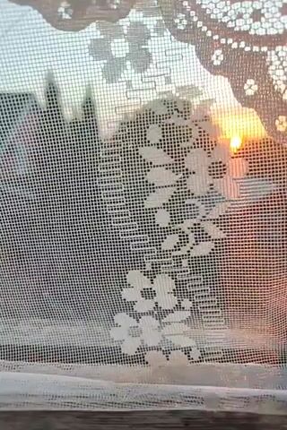 The video shows a sunrise behind a patterned screen. The sun is a bright orange orb peeking through trees, casting rays of light across the sky. The screen, made of white mesh with a floral pattern, is in the foreground, slightly obscuring the view. The light creates a hazy, atmospheric effect.