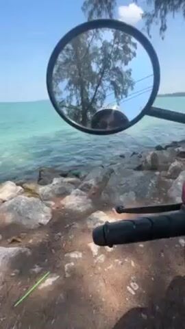 The video shows a person, wearing a helmet and sunglasses, reflected in the mirror of a motorbike parked by the sea. The sea is a light turquoise color and the sky is blue with some clouds. The ground is covered in pine needles and rocks. A green straw lies on the ground next to the bike. The video pans up to show the sea and the sky, framed by branches of a tree. In the distance, a small island can be seen.