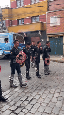 Street parade with dancers, musicians celebrates in La Paz Bolivia