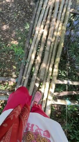 The video shows a first-person perspective of someone walking across a makeshift bridge constructed from bamboo poles. The bridge is laid horizontally and appears to span over a small body of water or a damp area. The person is wearing bright red pants and pink shoes. Their lower legs and feet are visible as they step onto the bamboo. The surrounding environment is lush and green, with foliage and dirt visible on either side of the bridge. Sunlight filters through the trees, creating dappled shadows on the bamboo.