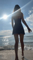 Woman takes beach selfies in sunny Nesebar, Bulgaria morning