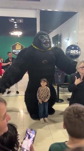 Group poses with costumed gorilla performer in Russian mall