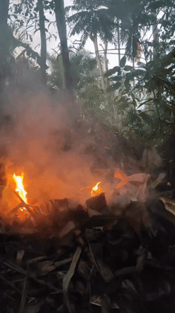 Small fires burning through dry jungle vegetation in Lhokseumawe