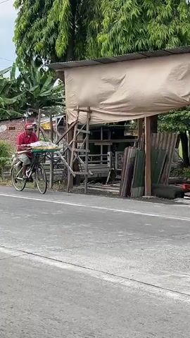 A person wearing a red and white striped shirt and a red hat rides a bicycle. The bicycle has a rack on the front carrying papers. The person is riding on a paved road next to a structure with a beige canopy. Behind the structure, there are some green and brown corrugated metal sheets. Lush green trees are visible in the background.