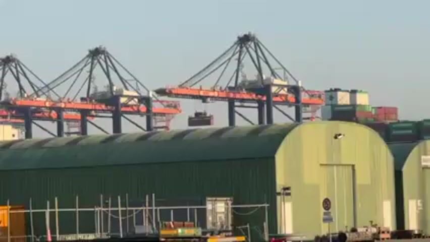 The scene is at a busy shipping port with three large cranes in the background, moving containers from ships. In the foreground, there's a large green arched building with a door, and some industrial equipment and fencing near the building. The sky is a clear, light blue, suggesting a sunny day. The cranes are dark blue and orange, and containers of various colors are stacked behind them. Overall, the scene portrays the functionality and scale of a large, active port.