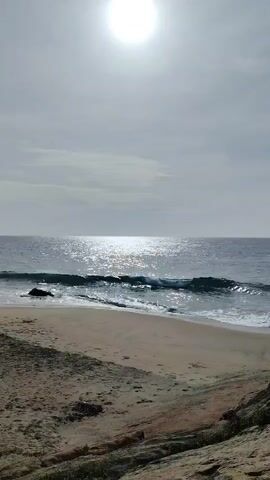 A wide shot shows a serene beach with gentle waves lapping at the shore under a bright, sunny sky. The sun, a brilliant white orb, is high in the sky, casting a shimmering reflection on the water. The ocean is a deep blue, meeting the horizon in a clear line. Waves roll in, breaking white as they reach the sandy beach. A few dark rocks are visible in the shallow water near the shore. The sand itself is a light brown, with some texture and variations in color suggesting dry and wet areas. The foreground of the image is a rocky, uneven surface, with hints of vegetation. The overall atmosphere is one of peaceful natural beauty.