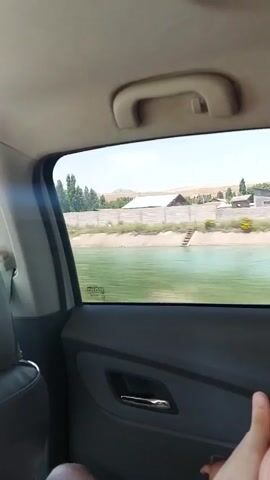 The video displays a static camera view from inside a moving vehicle, looking out the right rear passenger window. The car's interior, including the back of a seat, a headrest, and the door panel with a handle, is visible on the left and bottom. Outside the window, a body of light blue-green water, likely a river or canal, flows horizontally across the frame, indicating the vehicle is moving parallel to it. Beyond the water, a concrete wall lines the bank, and a row of tall green trees is visible. In the background, there are distant arid hills and some light-colored structures under a clear sky. A hand is briefly visible at the bottom right corner of the frame.