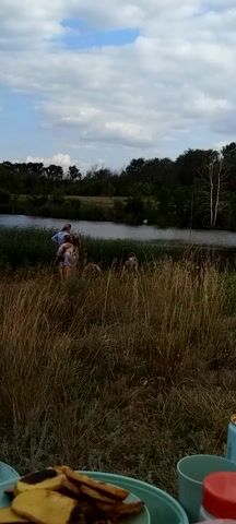 The video shows a group of people by a body of water surrounded by tall grass and trees. There are at least three people visible. One person, wearing a light blue shirt and shorts, is holding another person who is wearing a pink top and shorts. Another person is standing a short distance away. The scene appears to be outdoors during the day with a cloudy sky.