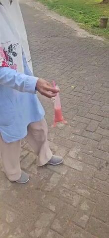 A person wearing a blue long-sleeved shirt, a white headscarf with a floral pattern, and light brown pants is holding a pink popsicle in a plastic bag for a young child. The child is wearing a light blue t-shirt with a flamingo pattern and pink pants with a heart pattern. The child takes the popsicle from the adult and then starts to drink it. They are standing on a brick pathway in an outdoor area with grass and trees visible in the background.