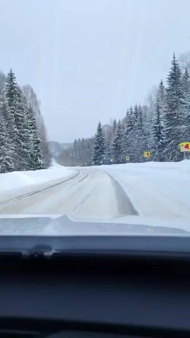The video shows a view from inside a vehicle driving on a snow-covered road. The road stretches straight ahead with a slight uphill incline. Snow-covered trees line both sides of the road. There are road signs visible along the right side of the road. The sky is overcast, and the overall environment suggests a cold, winter day. The dashboard of the vehicle is visible at the bottom of the frame. The video appears to be a first-person perspective shot taken while driving.