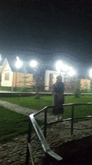 Decorative outdoor park in Sosnovka lit up at night