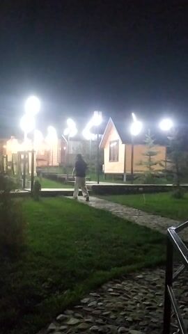 The video begins with an outdoor scene at night. The camera is oriented vertically, and the image is rotated. Several bright outdoor lights illuminate a grassy area and some wooden structures in the background, possibly part of a resort or park. A person in dark clothing is walking on a paved path. The camera then pans to the left, revealing a large, metallic sculpture of a deer with prominent antlers. The sculpture is lit by the surrounding lights, casting a glow on its textured surface. The background is dark, with some greenery and rock formations visible. The camera continues to move, focusing on the deer sculpture and the rocky, overgrown terrain behind it. The overall impression is of an outdoor decorative installation at night. The time of day is clearly nighttime due to the darkness and the artificial lighting. The weather appears to be clear, as there are no visible signs of rain or snow. The location context of Sosnovka, Kyrgyzstan, suggests a rural or natural setting. No text is visible in the video.