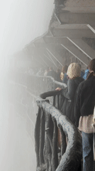 Tourists navigate misty Tianmen Mountain walkways during morning hours