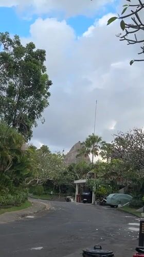 Balinese compound at dusk: tropical plants, scooters, and caged lovebirds