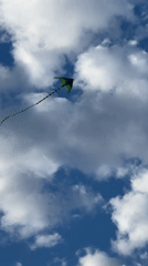 Diamond kite with striped tail flies over a cloudy Russian sky