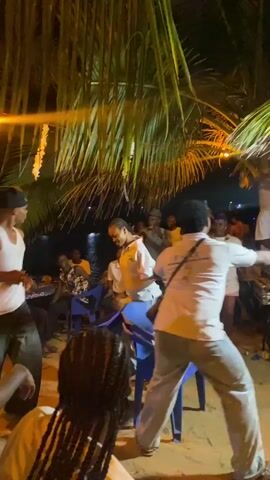 Here's a description of the video:

The video shows a lively outdoor party at night, presumably near a beach, with palm trees overhead. A group of people, mostly dressed in white, are dancing and enjoying the music. There's a DJ setup with laptops and equipment, manned by two people. Several individuals are actively dancing near the DJ, some on or around blue plastic chairs. The scene is lit by string lights and the glow from the DJ equipment, creating a festive atmosphere. The camera remains relatively stable, capturing the energy of the party and the joyful interactions of the people present.
