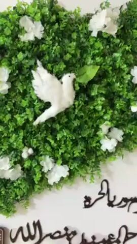 The camera slowly zooms out, revealing a decoration on a white wall. The decoration is in the shape of a map of Syria made of green foliage with white flowers, and a white dove with a green leaf in its beak. Beneath the map are the words "Greetings to free Syria" and “We apologize to the most generous people.” A small sign stands to the left of the words. The decoration is framed by a white wooden frame and rests on a wooden easel. The camera movement slowly reveals the complete decoration on the white wall.