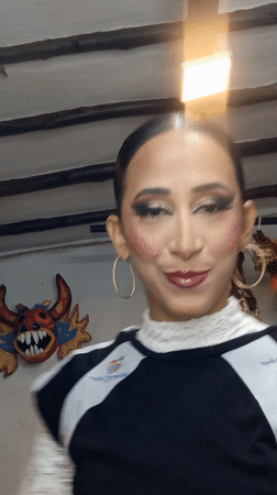 Performer prepares backstage in Porlamar dressing room