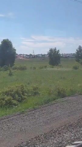 A wide-angle shot shows a rural landscape under a clear blue sky. In the foreground, a gravelly path or track runs diagonally across the bottom of the frame. Behind it, a field of green grass stretches into the mid-ground, dotted with several small trees and bushes. In the distance, a village or settlement is visible, with various buildings and structures. Telephone poles and power lines are also present, suggesting the presence of infrastructure. The overall impression is one of a peaceful, sunny day in a country setting.
