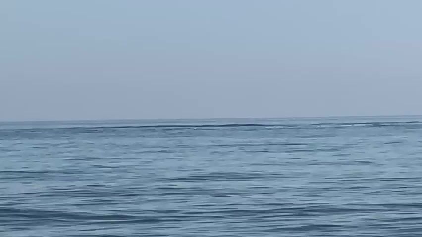 The video shows a wide expanse of calm, blue water with a faint horizon line separating it from a pale, overcast sky. The water is slightly rippled, suggesting a gentle breeze. In the distance, a person is riding a jet ski, leaving a white wake as they move across the water. The jet ski is white with what appears to be a black seat. The activity appears to be recreational water sports. The lighting and sky suggest it is daytime, possibly morning or late afternoon, given the soft, diffused light. The location is identified as El Velerín, Spain, implying a coastal setting. The overall mood is serene and peaceful, with the lone jet ski providing a touch of activity against the vastness of the sea and sky. There is no visible text in the video.