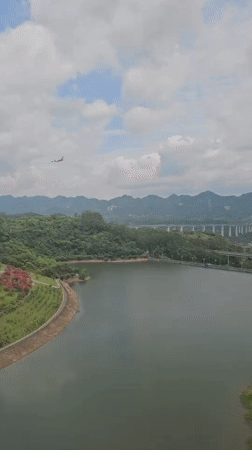Scenic lake landscape documented in Liangjiang, China