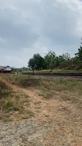 The video shows a passenger train with white and red cars, featuring the KAI logo, moving along a track. The surrounding environment is rural, with dry grass and sparse vegetation on the side of the track, and trees in the background. The sky is overcast with clouds. The train passes a utility pole adorned with colorful decorations, including red and white streamers and paper pom-poms. The ground in the foreground appears to be a dirt path with some gravel. The train is the primary focus of the video, capturing its movement through the landscape.