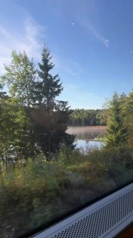 The video shows a view from inside a vehicle, looking out a window. The scene outside is a landscape with trees, foliage, and a body of water. The sky is blue with some clouds. The sun is shining, casting light and shadows. The perspective suggests movement, as if the vehicle is traveling. There are some reflections on the window, including what appears to be stickers or notices. The interior of the vehicle is visible at the bottom of the frame, showing a vent or speaker.