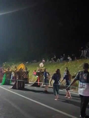This is a nighttime video of a parade or procession on a road. People dressed in elaborate costumes, some with large headdresses and flowing garments, are walking in the road. There is a crowd of spectators gathered on the grassy embankment to the right of the road, watching the procession. Some of the spectators are holding up their phones, likely to record the event. The road is paved, and there are white lines marking the lanes. The background is dark, suggesting it is nighttime. There is some lighting from artificial sources, illuminating the parade participants and the immediate area. A few individuals in the foreground on the right appear to be interacting with the procession, possibly as marshals or attendees. One person in the foreground is wearing a black shirt and pants, and another is wearing a white shirt with a colorful design.