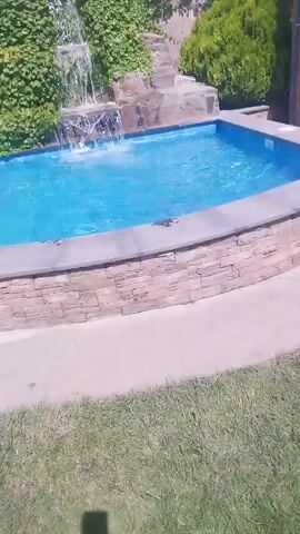 The video shows a swimming pool with a waterfall feature. The pool is filled with bright blue water and surrounded by a stone patio and a wall covered in green ivy. There are pink flowers growing on top of the wall. To the right of the waterfall, there are steps leading up and a small wooden structure. The sky is blue with some white clouds.