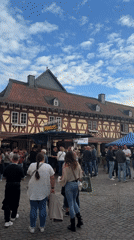 Outdoor gathering on cobblestone street in Meisenheim, Germany