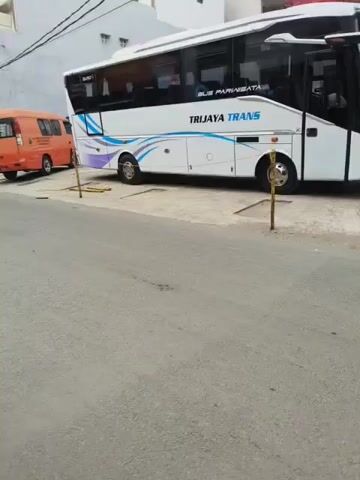 The video begins by showing the side of a white bus with blue and purple graphics that reads "TRIJAYA TRANS" and "BUS PARIWISATA". To the left of the bus, an orange minibus is parked. The scene then shifts to show the rear of a black three-wheeled vehicle, identified as a "VIAR" truck, driving down a paved road. The truck has license plates that read "P 2820 VB". There are buildings on either side of the road, some of which appear to be shops. People are visible walking on the sidewalk and near the buildings. A motorcycle is parked on the left side of the road. The video continues to follow the three-wheeled vehicle as it drives further down the road, passing other vehicles and pedestrians. The environment appears to be an urban or semi-urban setting.